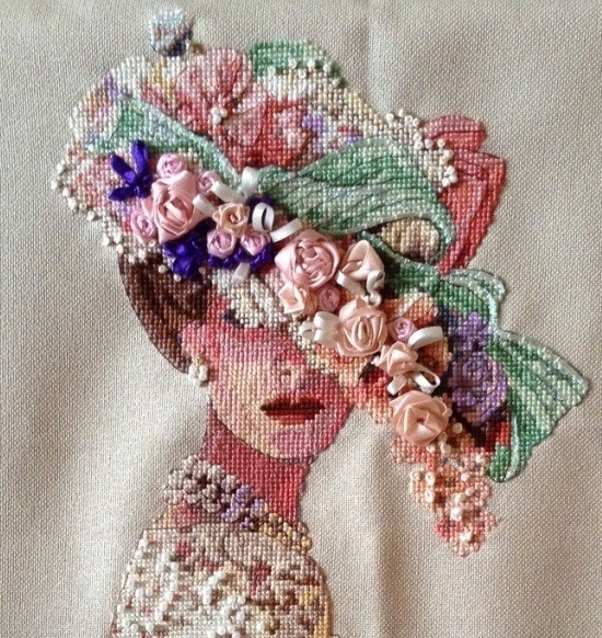 Ткань-схема на габардине для вышивки бисером и крестом «Дама в шляпе»